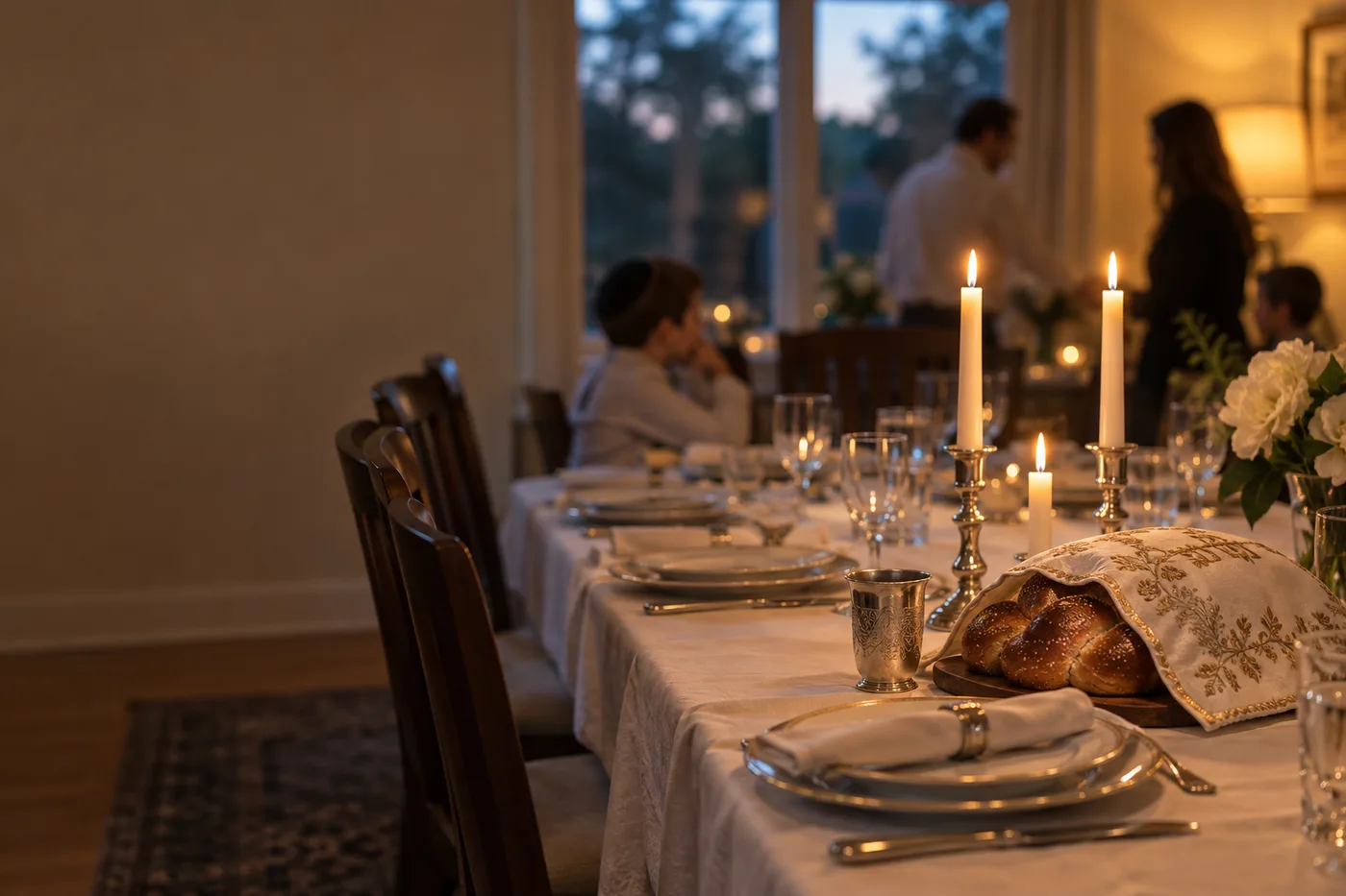 Shabbat candles burning on a set table.
