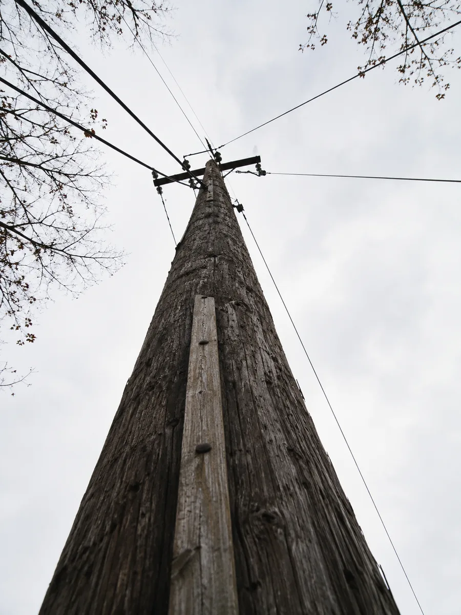 A utility pole carrying the eruv line, seen from below against the sky.